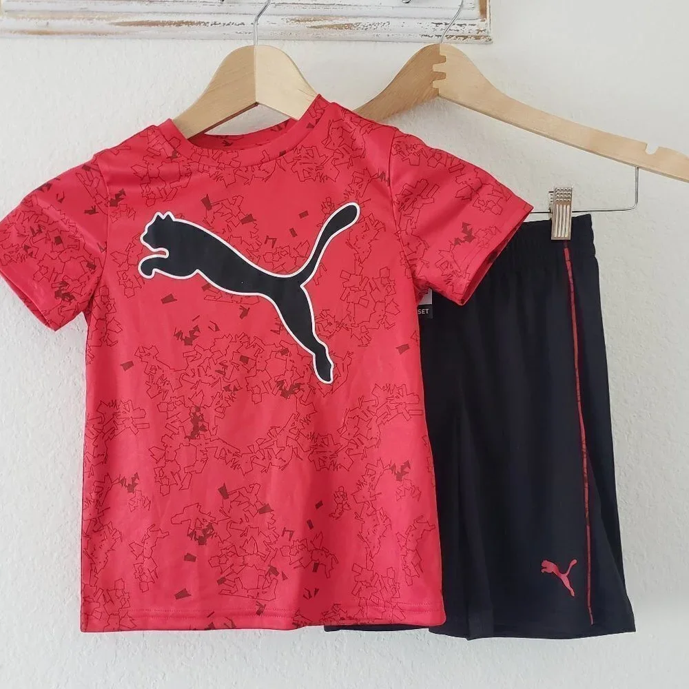 NWT - PUMA Youth Active Shorts High Risk Red Logo (Tee & Black Shorts) - Size 5 - Picture 2 of 4